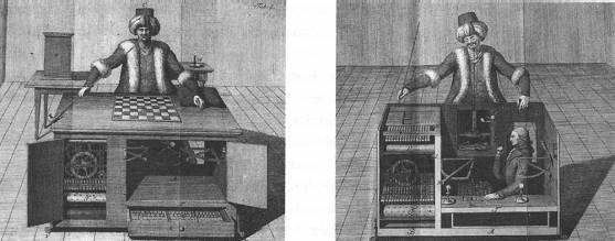 Historical illustration of the Mechanical Turk chess automaton with a concealed human operator